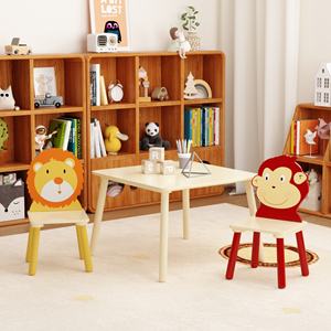 Set Meja dan 2 Kursi Anak Modern 3-Piece Kayu Solid+MDF Set Makan Balita (Singa & Monyet) - Product Image 2