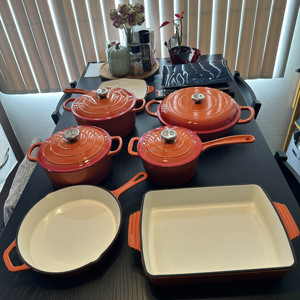 Ensemble de casseroles en <span class=keywords><strong>fonte</strong></span> <span class=keywords><strong>émaillée</strong></span> de style universel, 7 pièces, cuisine à la maison à l'<span class=keywords><strong>ancienne</strong></span>, casserole antiadhésive, poêle à griller, plateau à griller, batterie de cuisine - Product Image 6