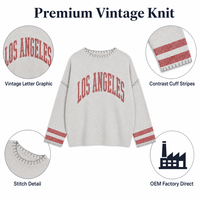 Pull en tricot vintage à col rond pour femme, imprimé lettres, coupe ample, épaules tombantes, manches longues, poignets rayés, pour l'automne et l'hiver