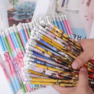 Perlengkapan Sekolah Cetak Kustom Kartun Promosi Merek Pensil HB Kayu Anak-anak Pensil Kartun dengan Set Penghapus