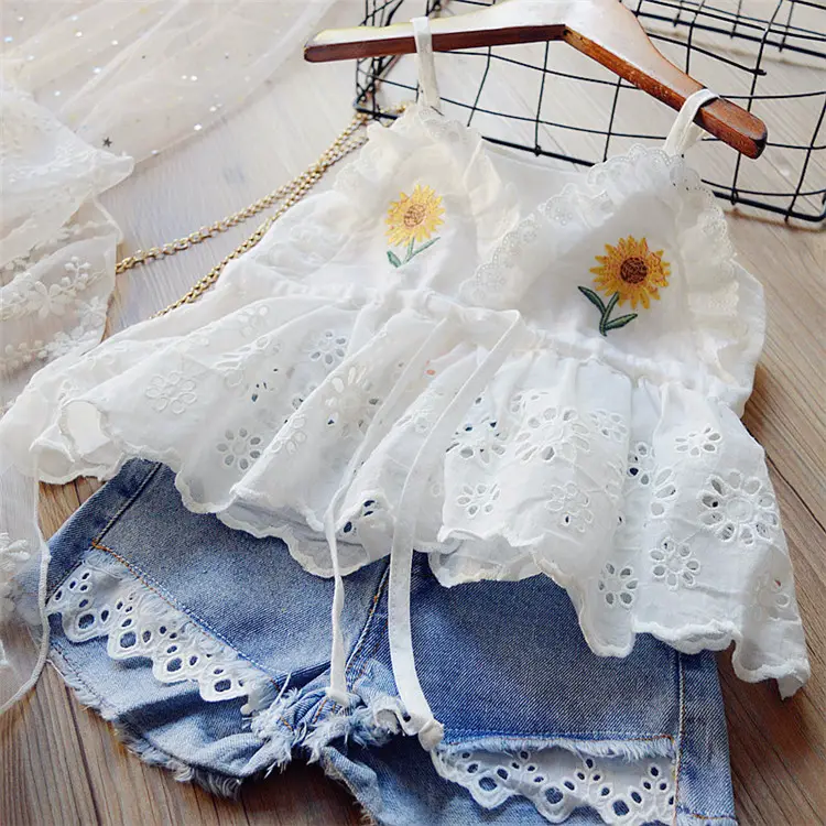 New Arrival Kids Clothes Girls Baby Girl Summer Sets Embroider Flower Lace Sling Top with Denim Shorts Two Piece Dress Set