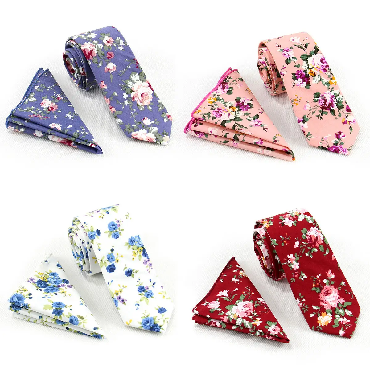 Ensemble de cravates et de poches carrées en coton à imprimé Floral pour homme, cravate fine 6cm