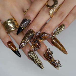 Ongles en acrylique à presser, forme amande longue, <span class=keywords><strong>papillon</strong></span> 3D, feuille d'or, motif végétal, design personnalisable pour fête/rendez-vous/banquet/usage quotidien - Product Image 2