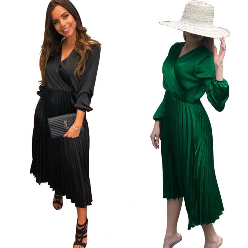 Женское атласное длинное платье с длинным рукавом и V-образным вырезом