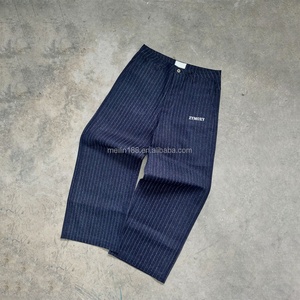 Pantalon en denim brut japonais sur mesure pour homme, coupe large et ample, style décontracté, bleu, avec rayures, en denim japonais - Product Image 1