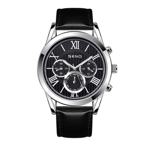 Quartz <b>Watch</b> Men Analog Chronograph Alloy <b>Case</b> Stainless Steel Black Leather Strap 22 Cm Band Push Button Hidden Clasp - Product Image 5