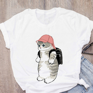 T-shirt blanc basique pour <span class=keywords><strong>femme</strong></span>, manches courtes, impression de haute qualité, t-shirt pour lycéenne, haut graphique <span class=keywords><strong>chat</strong></span> - Product Image 1