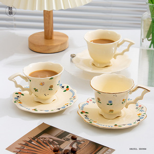 TaoBenYao European Style Ceramic Coffee Cup <b>Set</b> With Floral Pattern And Gold Trim For Home <b>Afternoon</b> <b>Tea</b> Use - Product Image 1