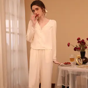 2 Stuks Lange Zijden Sets Slapende Vrouwen Lounge Set Nigty Sexy Pyjama Geweven Lange Mouw Effen Geverfd Lente V-Hals Polyester Satijn