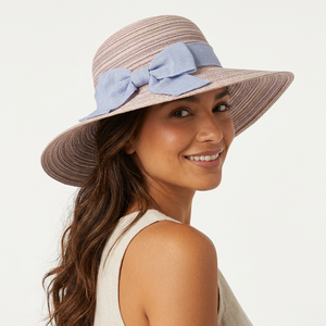 <b>Straw</b> Hat Women Floppy Wide Brim Striped Beach Sun Hat With Blue Ribbon Accessory Adult Size 56-58CM - Product Image 3