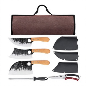 Handmade 9 Piece Butcher <b>Knife</b> Set and Carry Bag Viking Kitchen Scissors <b>Sharpener</b> Wooden Handle Leather Sheath - Product Image 4