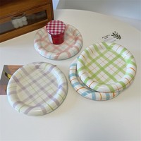 Klobiger Keramik-Dessertteller im Pastell-Karo-Design, Hochwertig für Nachmittagstee, Kuchen, Snacks, Zuhause