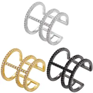 INS mode nouveau Design 3 couches Micro pavé Zircon anneaux d'ouverture noir plaqué or bague en diamant pour les femmes bijoux de mariage