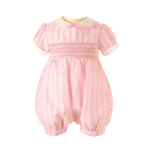 High End New Style Baby Romper with Button Summer Puff Sleeve and Peter Pan Collar Baby Girls Romper with Smocking