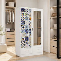 Armoire en acier imprimé motif Azulejo bleu et blanc, 1200 mm, 2 portes coulissantes avec miroir et tiroirs, armoire métallique pour chambre à coucher