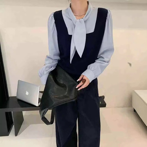 <span class=keywords><strong>Camisa</strong></span> de Punto con <span class=keywords><strong>Cuello</strong></span> de Lazo y Bloques de Color, Lavable, de Poliéster, para <span class=keywords><strong>Mujer</strong></span>, Otoño 2024, Nueva, Holgada, Juvenil, Informal - Product Image 2