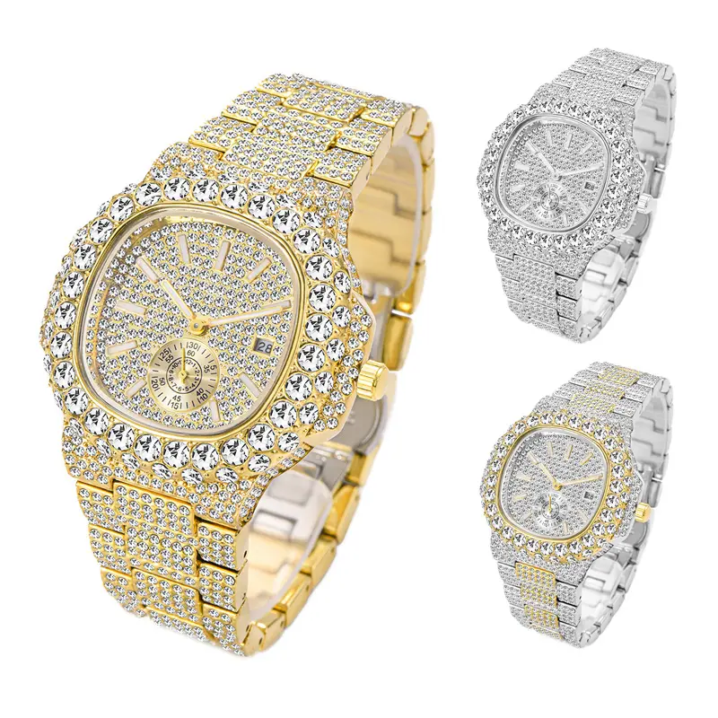 Cheap Top Brand Luxury Bling Quartz Square Men Watch Relojes Hip Hop Gold Full Diamond Iced Out Watch for men