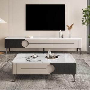 Ensemble table basse et meuble TV moderne, armoire de rangement bicolore avec décor rond évidé, mobilier de salon minimaliste - Product Image 5