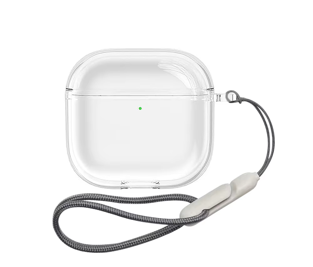 Étui transparent avec cordon.