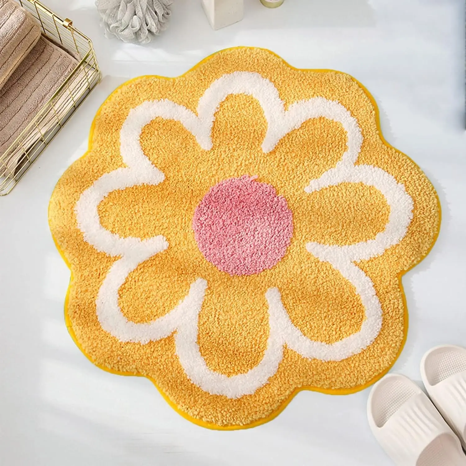 Alfombras de baño con forma de flor copetudas, alfombras de baño absorbentes ultra suaves, respaldo antideslizante, lavable a máquina, bonita alfombra de baño, color amarillo