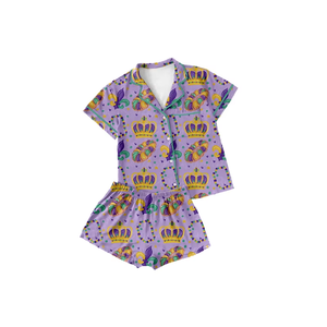 Conjuntos de Pijamas Familiares al por Mayor, Estampado de Mardi Gras, Manga Corta, Botones, Top y Pantalones Cortos para Mamá e Hija - Product Image 2