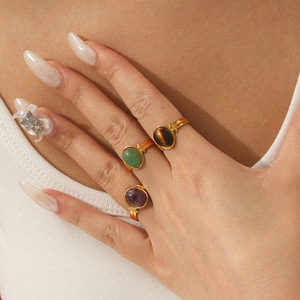 Französischer Retro-Stil Edelstahl-Ring mit Tigerauge-Einlage, Nicht Verblassender Naturstein, Verstellbarer Offener Ring für den Großhandel - Product Image 5