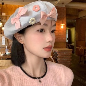 Cotton <b>Beret</b> With Butterfly Knot And Print Design For Spring Autumn Wear - Product Image 2