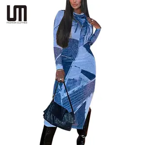 Liu Ming Fall Trending Products 2024 New Arrivals Stylish Slim Fit Streetwear Denim Patchwork Full Sleeves Women Split Dresses