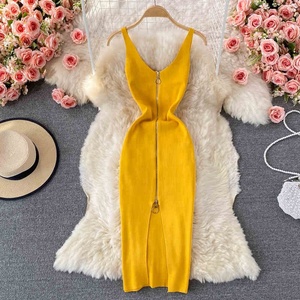 Nuevo Vestido Midi de Verano, Sexy, con Cuello en V, Cierre de Cremallera, Transpirable, de Punto Sólido - Product Image 3