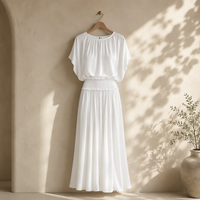 Robe longue en mousseline de soie pour femme, manches chauve-souris courtes, taille élastiquée smockée, plissée, fluide, pour l'été et la plage
