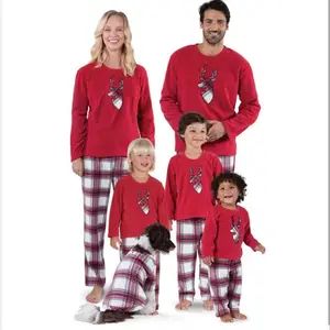 Pakaian Cocok untuk Keluarga Pria Wanita Rusa Rusa Natal Baju Tidur Kotak-kotak Merah Set Piyama Keluarga Ibu Anak Perempuan Ayah