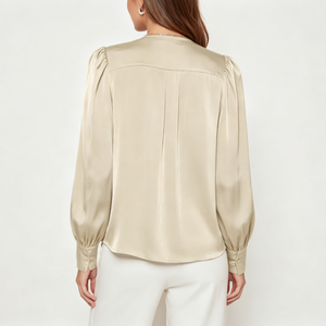 Chemise en satin pour <span class=keywords><strong>femme</strong></span> OEM, col en V, manches longues bouffantes, boutonnée, chemise décontractée élégante et ample, effet soie - Product Image 2