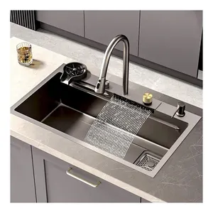 Nuove tendenze lavelli da cucina fatti a mano singola ciotola cascata 304 acciaio inossidabile con traino rubinetto montaggio grembiule