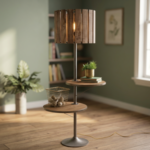 Industrial Floor Lamp Wood Shade Cylindrical Design Metal Base Adjustable Height LED 2700K Warm White - Product Image 2