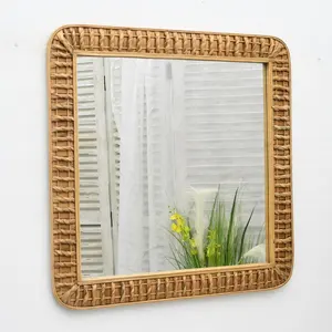 Home Wall Decoration Eco-Friendly Handmade Woven Water Hyacinth Bamboo Square Decorative Wall Mirror For House Living Room Decor