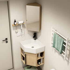 Meuble de salle de bain triangulaire en PVC couleur bois pour petit appartement, avec vasque en céramique intégrée, miroir mural inclus, meuble d'angle - Product Image 1