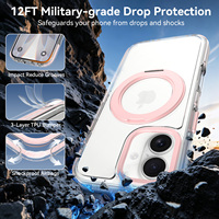 Coque de téléphone magnétique rose mignonne avec cadre d'objectif métallique et support rotatif transparent antichoc pour iPhone 17