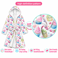 Peignoir à capuche en polaire flanelle pour femme, chaud et doux, à manches longues, imprimé Cupcake, vêtement de nuit et d'intérieur pour l'hiver