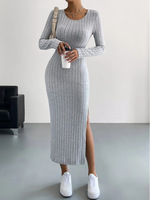 Nouvelle Robe Longue Décontractée Femme en Nylon Tricoté à Taille Élastique, Manches Longues, Col Fendu, Coupe Trapèze, Couleur Unie, Style Urbain Tendance Printemps
