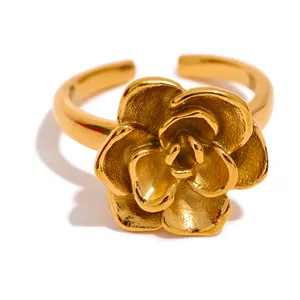 JINYOU 067 New Stainless Steel Flower Cast Ring Trend Vintage 18K Gold PVD Plated Charm Jewelry Waterproof for Women Gala Gift