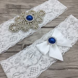 <span class=keywords><strong>Ensemble</strong></span> de jarretière en dentelle blanche de mariée perle bleue 2 pièces jarretelles de mariage ceinture pour les mariées - Product Image 2