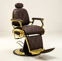 Fauteuil de barbier vintage de luxe avec cadre doré, robuste, hydraulique et inclinable, couleur marron, pour salon de coiffure