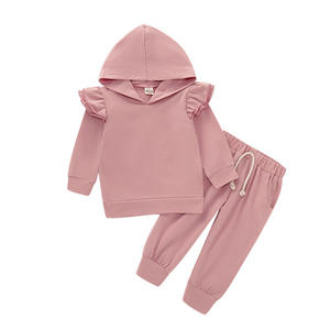 Ensemble de vêtements pour filles style explosion : sweat à capuche couleur unie avec manches en dentelle + pantalon, ensemble deux pièces pour enfants - Product Image 1