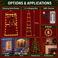 Lumières de Noël en forme de père Noël grimpant sur une échelle, avec une longueur de suspension de 1,7 m, télécommande USB et éclairage LED chaud