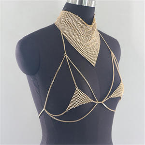 Золотой топ-халтер с кристаллами, металлический, в стиле кольчужной сетки, для вечеринок, ночных клубов, с камнями, для рейвов и фестивалей - Product Image 2