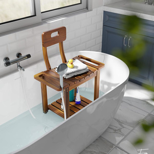 Solid Wood <b>Bathroom</b> Shower Chair With Backrest And <b>Storage</b> Shelf For Adults - Product Image 2