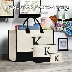 Borsa tote in tela importata GASSDA - <span class=keywords><strong>Regali</strong></span> <span class=keywords><strong>personalizzati</strong></span> con monogramma iniziale per donne, mamme, insegnanti e damigelle (K 3 pezzi) Solo lavaggio a mano - Product Image 2