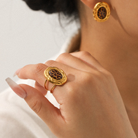Ensemble de boucles d'oreilles et bague H&C vintage ovales à imprimé léopard, plaqué or 18 carats, en acier inoxydable, bijoux fantaisie tendance, accessoires