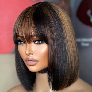 Perruque Bob Blonde en Gros 100% <span class=keywords><strong>Cheveux</strong></span> Humains Vierges Indiens avec <span class=keywords><strong>Frange</strong></span> Transparente HD pour Femmes – Achat en Gros - Product Image 2