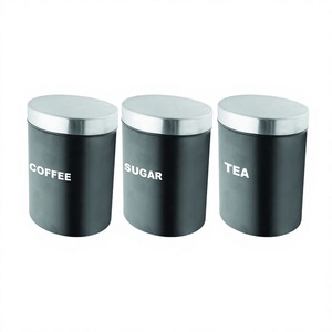 Ensemble de bidons d'articles ménagers couleur noire et imprimé thé café sucre ensemble de bidons en acier rangement de cuisine - Product Image 1